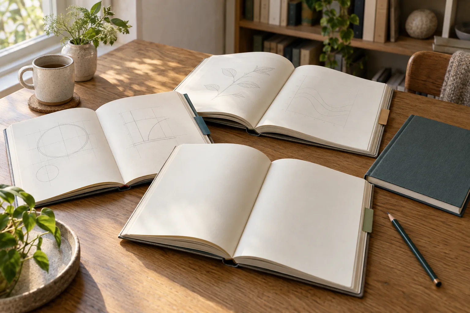 Generierter Lesetisch mit offenen Technikheften und farbigen Registern ohne gedruckte Schrift