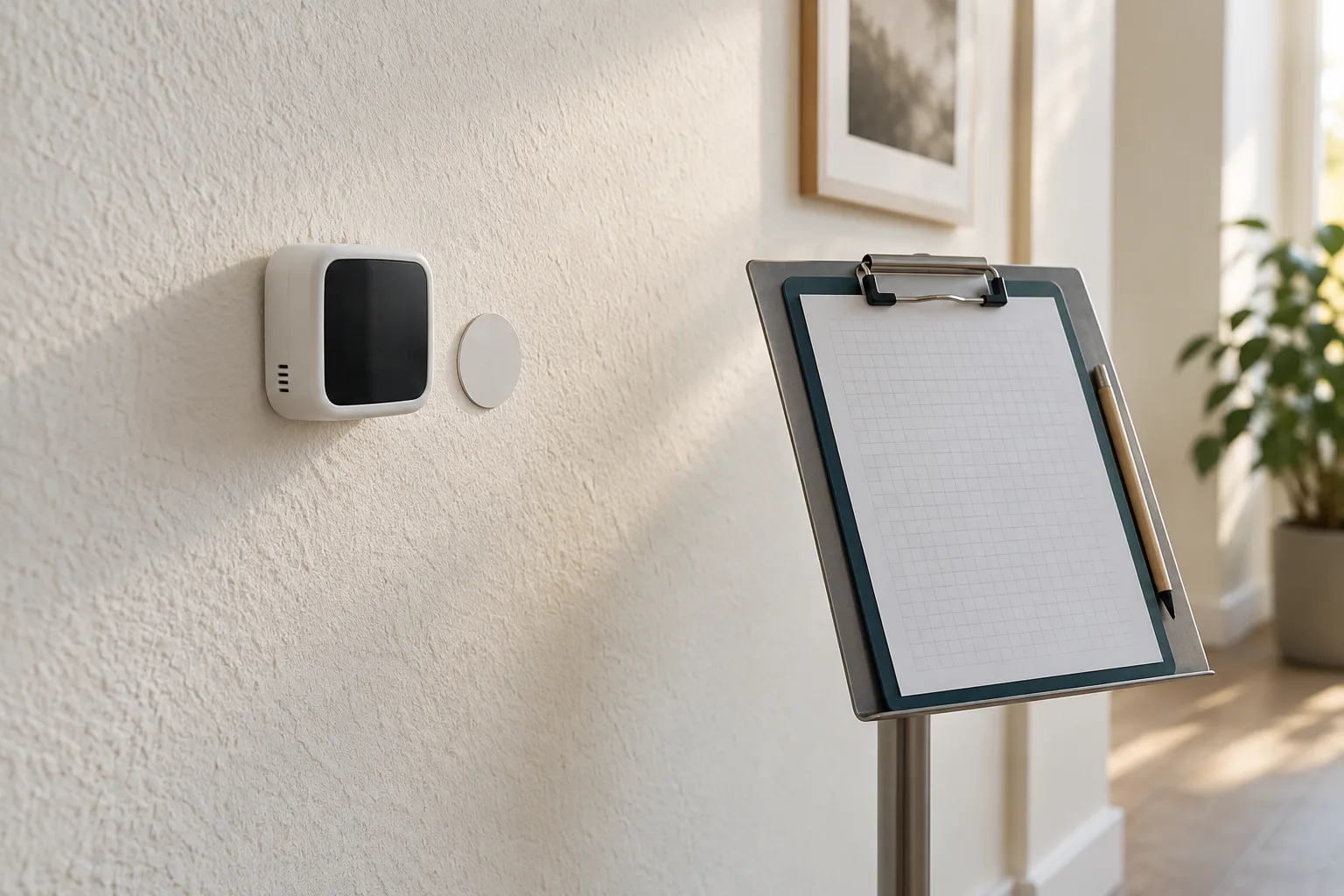 Generierter Messpunkt an einer Wand mit Sensor und leerem Protokollklemmbrett