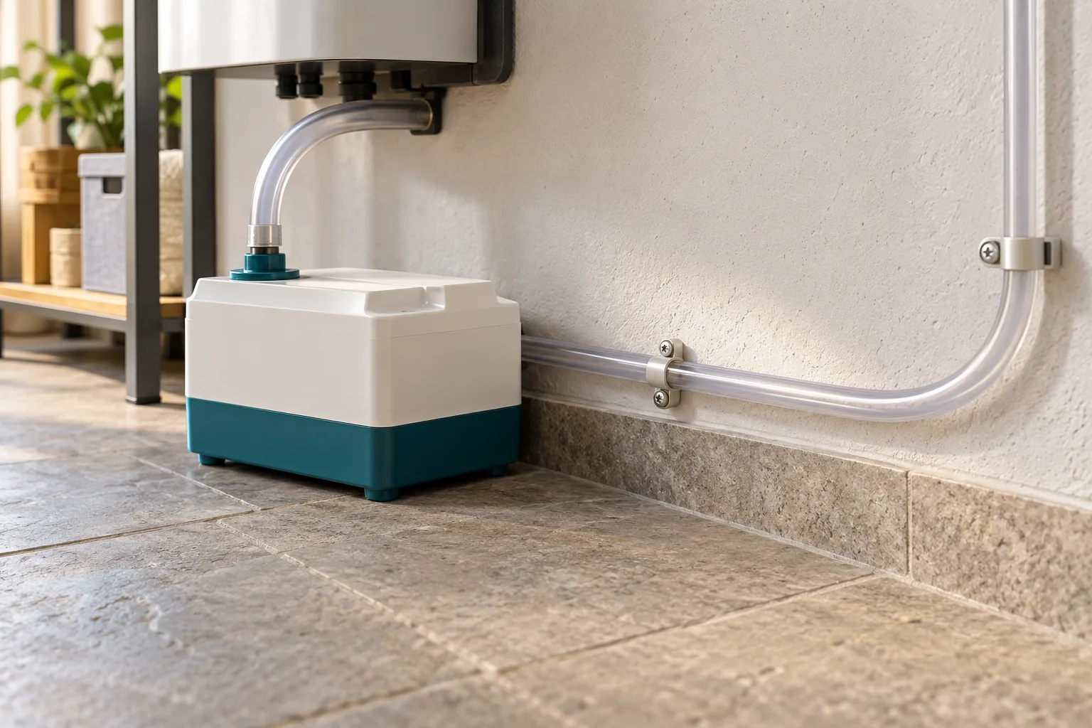 Generierte Detailansicht eines abgestützten Kondensatschlauchs mit neutraler Kompaktpumpe