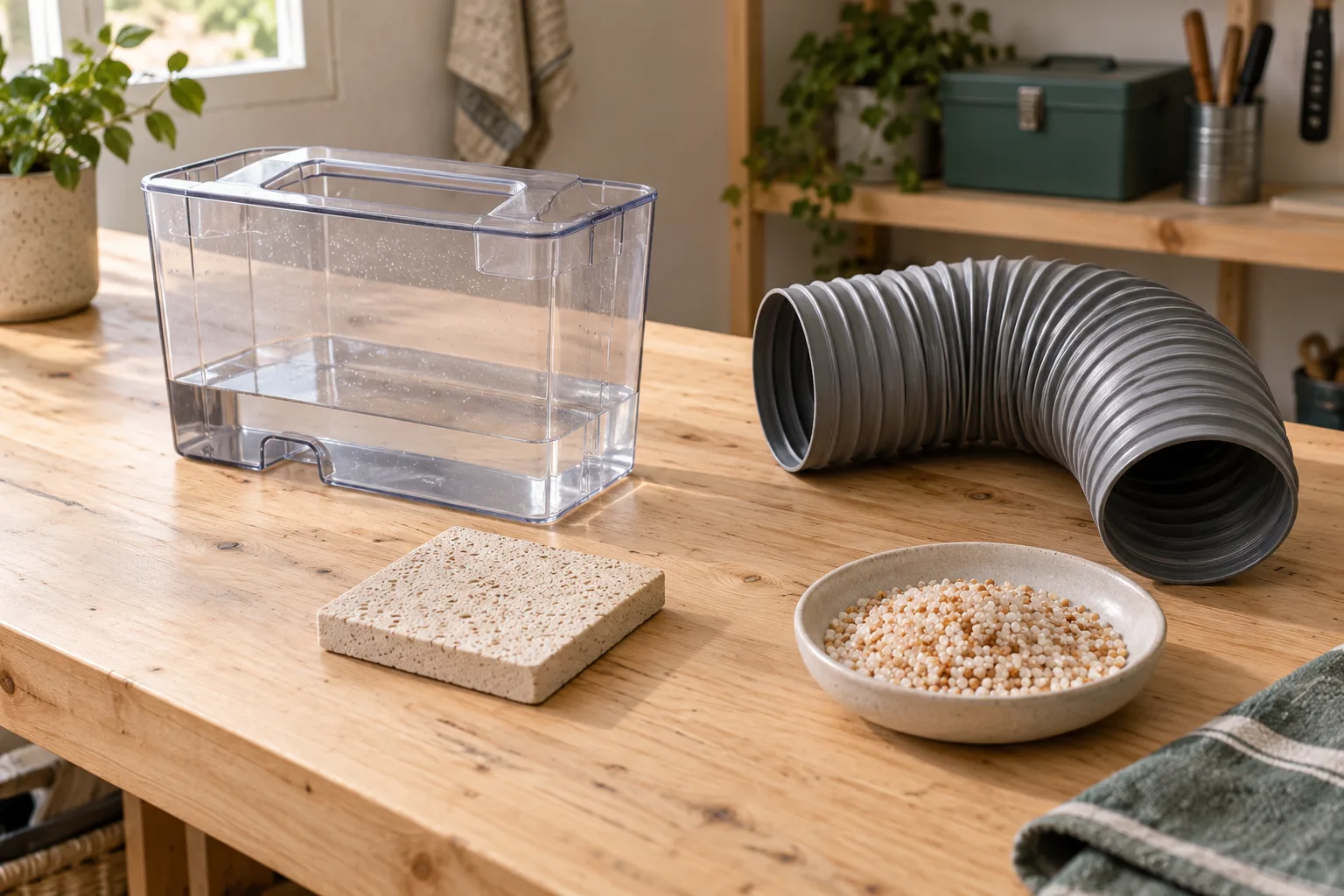 Generierte Anordnung eines neutralen Kondensatbehälters und Luftschlauchs mit Materialproben