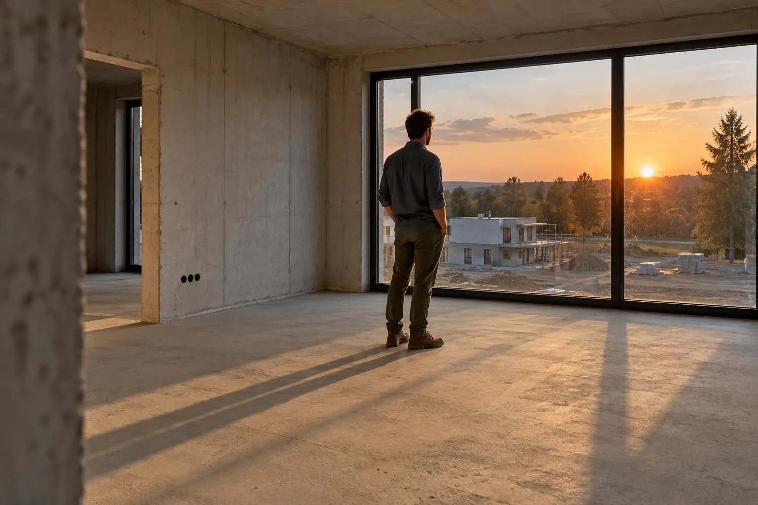 Ein Bauherr betrachtet im Rohbau durch ein bodentiefes Fenster die Baustelle im Abendlicht.