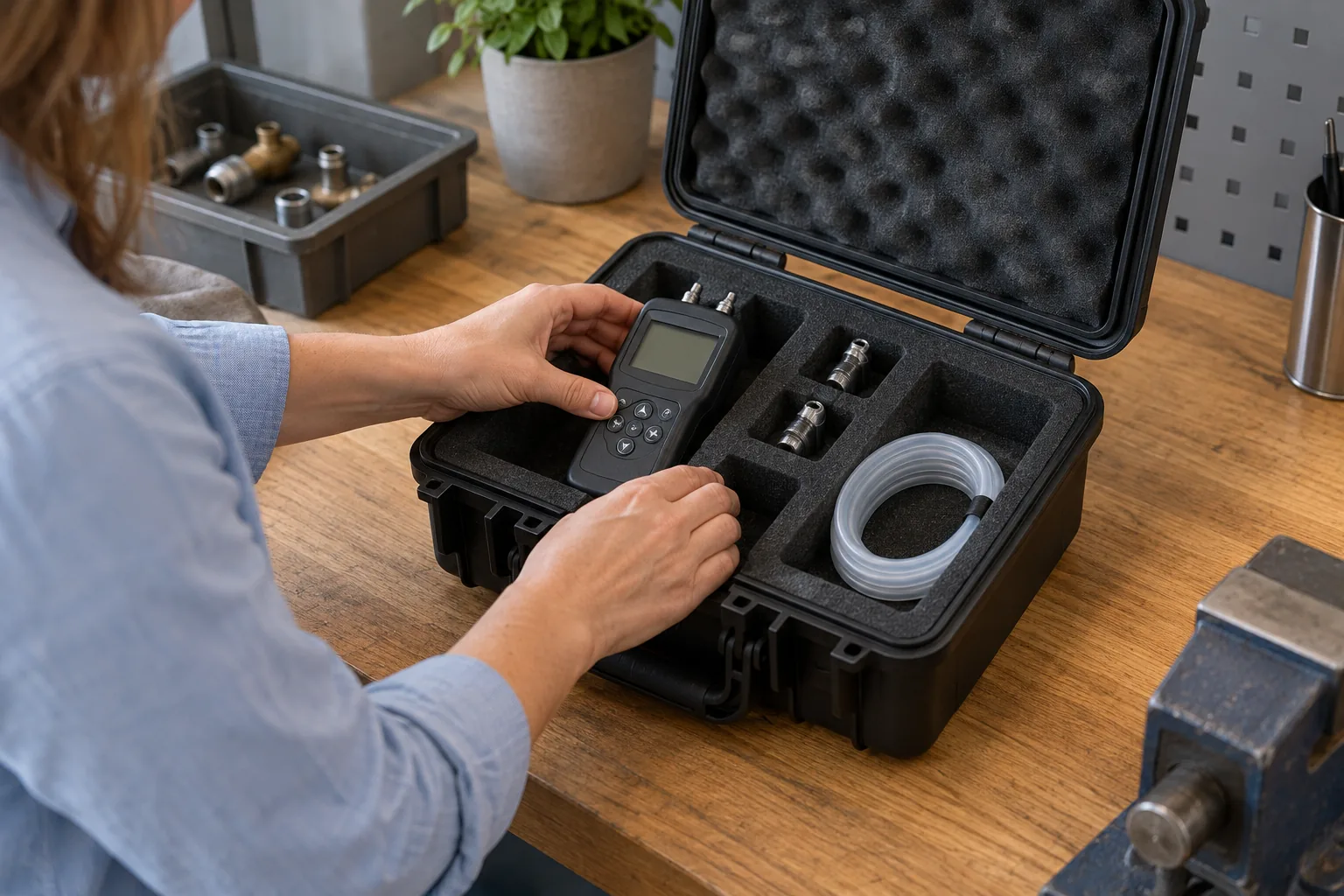 Hände legen ein ausgeschaltetes Druckmessgerät mit leerem Display zwischen lose Anschlussteile in einen Schaumstoffkoffer.