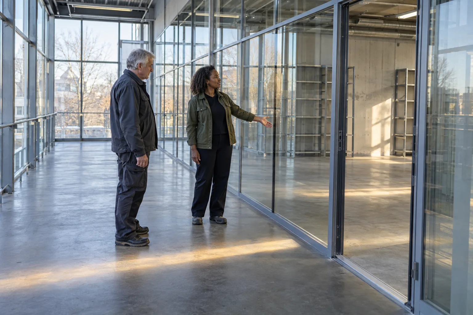 Ein älterer Mann und eine Planerin betrachten aus einem hellen verglasten Gang gemeinsam einen leeren Industrieanbau.