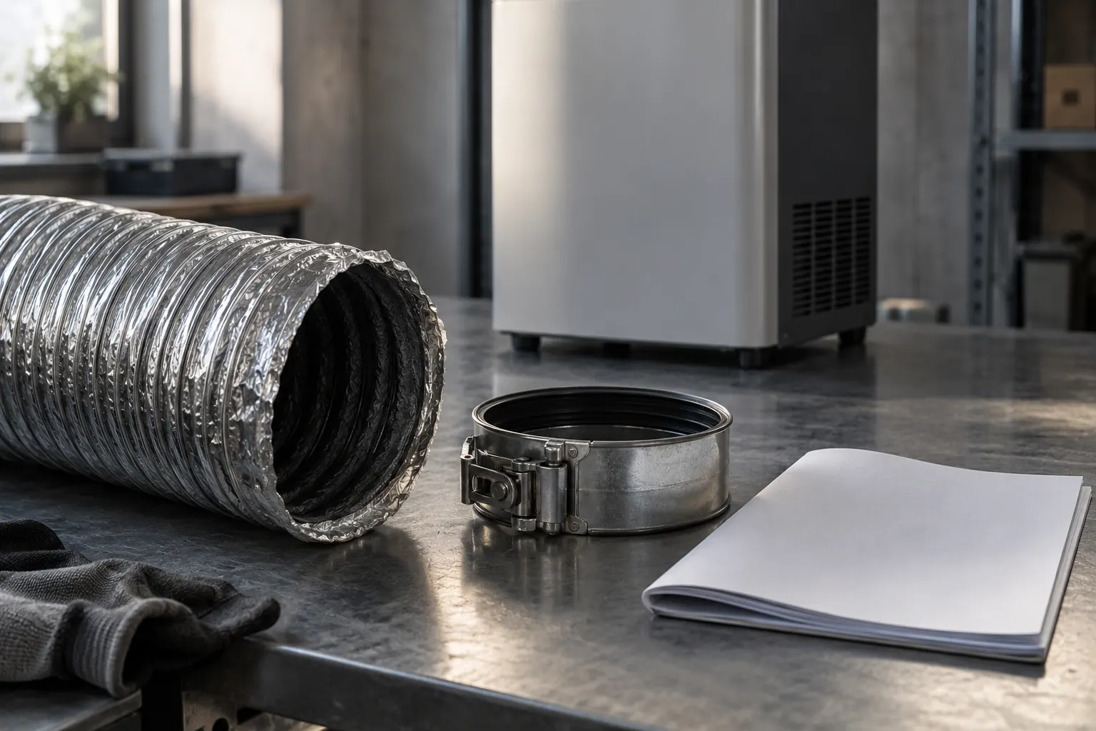 Ein loser metallischer Luftschlauch und eine separate Kupplung liegen neben einem unbeschrifteten Heft auf einem Werkstatttisch.