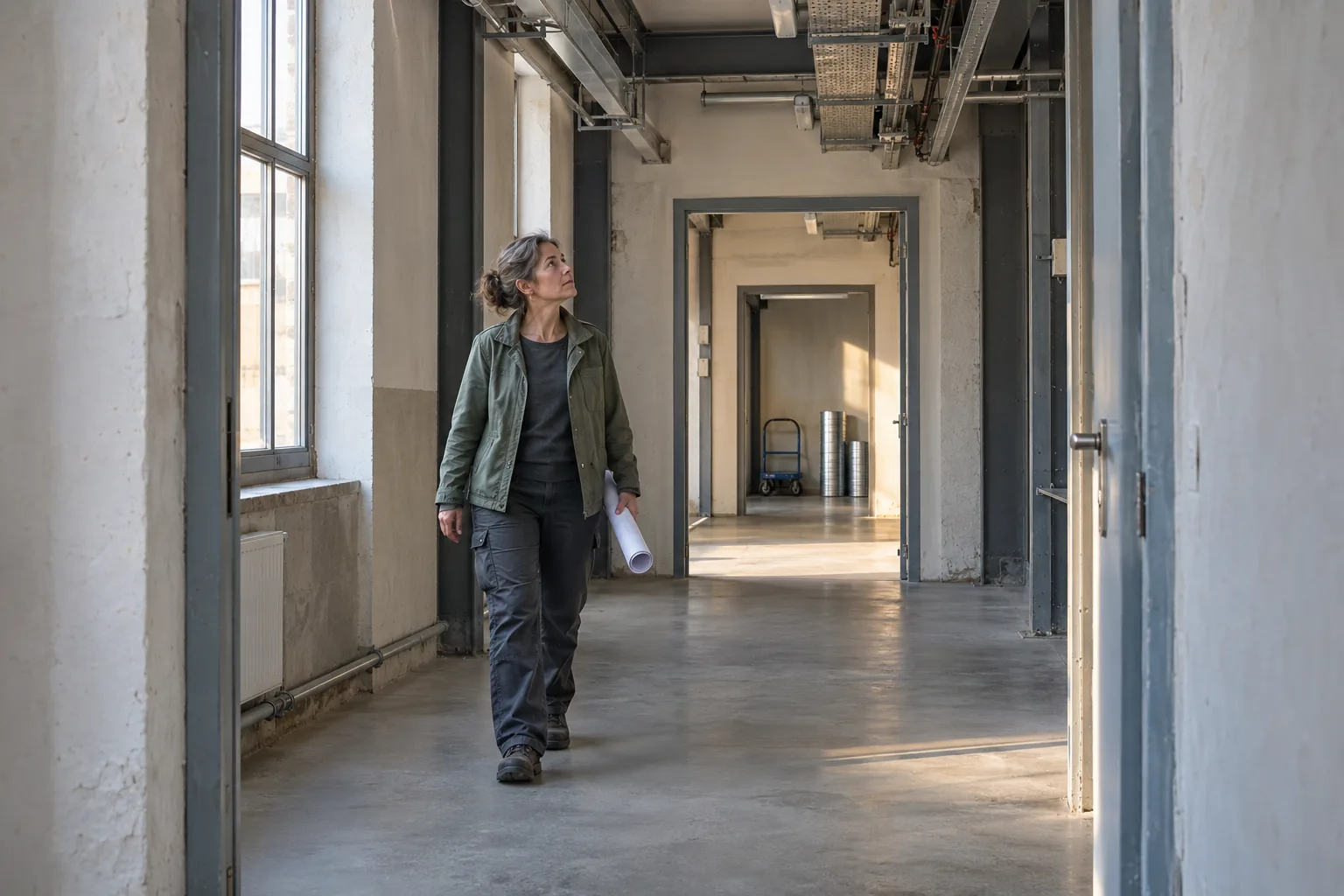 Eine Frau mit gerolltem Plan geht durch einen hellen Gewerbeflur und blickt zu den Deckenwegen über mehreren offenen Durchgängen.