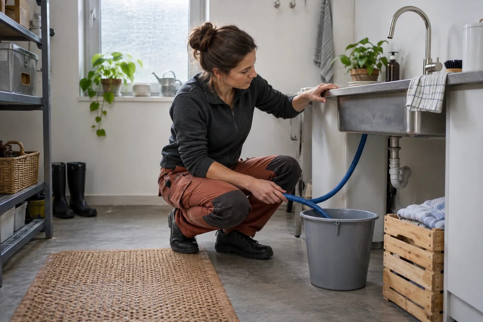 Eine Handwerkerin betrachtet einen blauen Schlauch und einen grauen Eimer neben einem Edelstahl-Waschbecken.