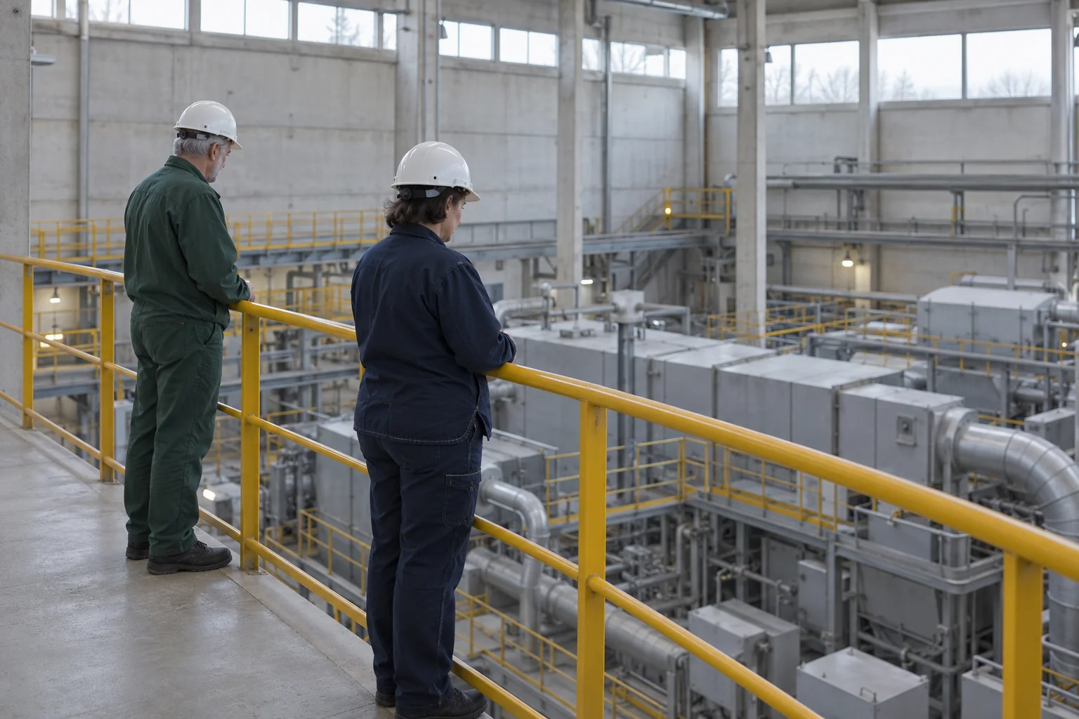 Älterer Mann in grünem und Frau in blauem Arbeitsanzug stehen mit weißen Helmen an einem gelben Geländer über geschlossenen Industrieanlagen. KI-generierte Szene.