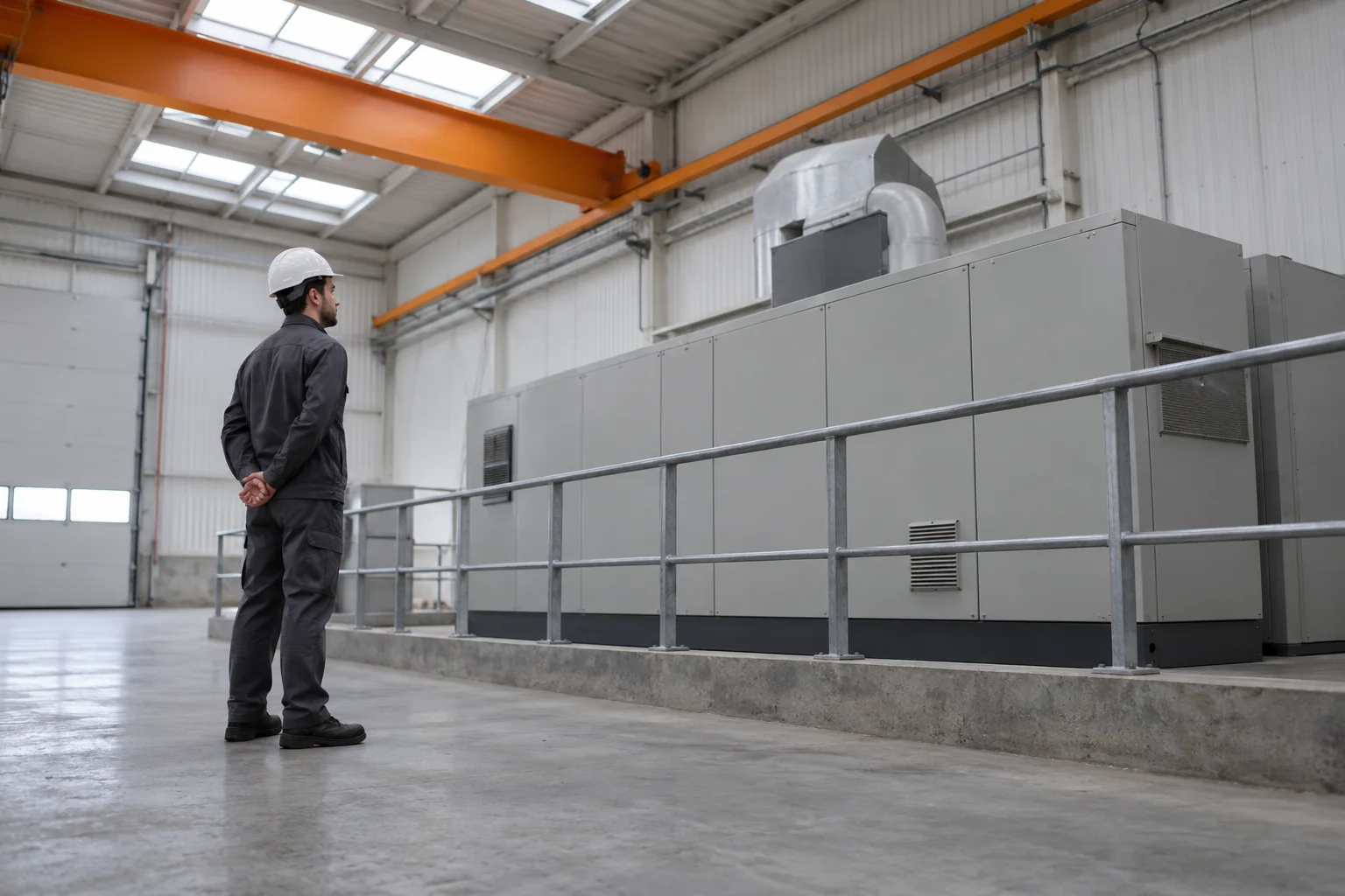 Junger Mann im grauen Arbeitsanzug und weißem Helm steht vor einem Geländer neben einer geschlossenen Maschinenhülle in einer hellen Halle mit orangefarbenem Träger. KI-generierte Szene.