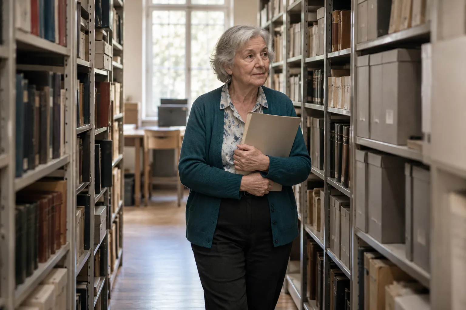 Eine ältere Frau in blauer Strickjacke hält eine geschlossene Mappe im Gang zwischen Regalen mit Büchern und Archivboxen.