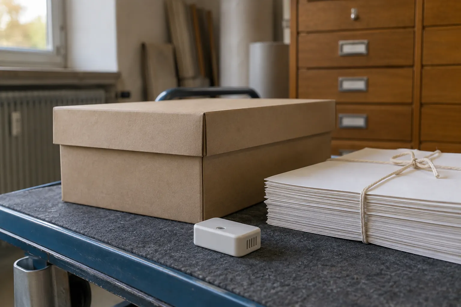 Eine geschlossene braune Archivbox, ein verschnürter Papierstapel und ein kleines weißes Gerät liegen auf einem Tisch vor Holzschubladen.