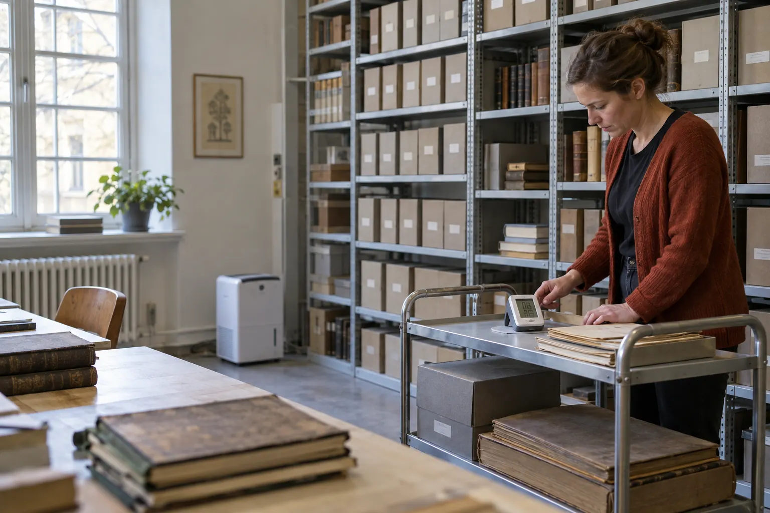 Eine Frau betrachtet ein kleines Hygrometer und geordnete Papierbestände auf einem Wagen vor Archivregalen mit Büchern und Kartons.