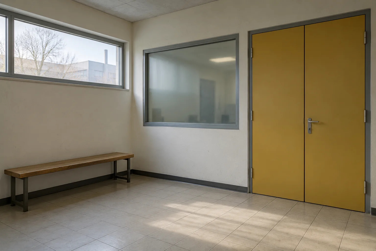 Leerer Vorraum mit senfgelber Doppeltür, matter Beobachtungsscheibe und Holzbank im Tageslicht. KI-generierte Szene.