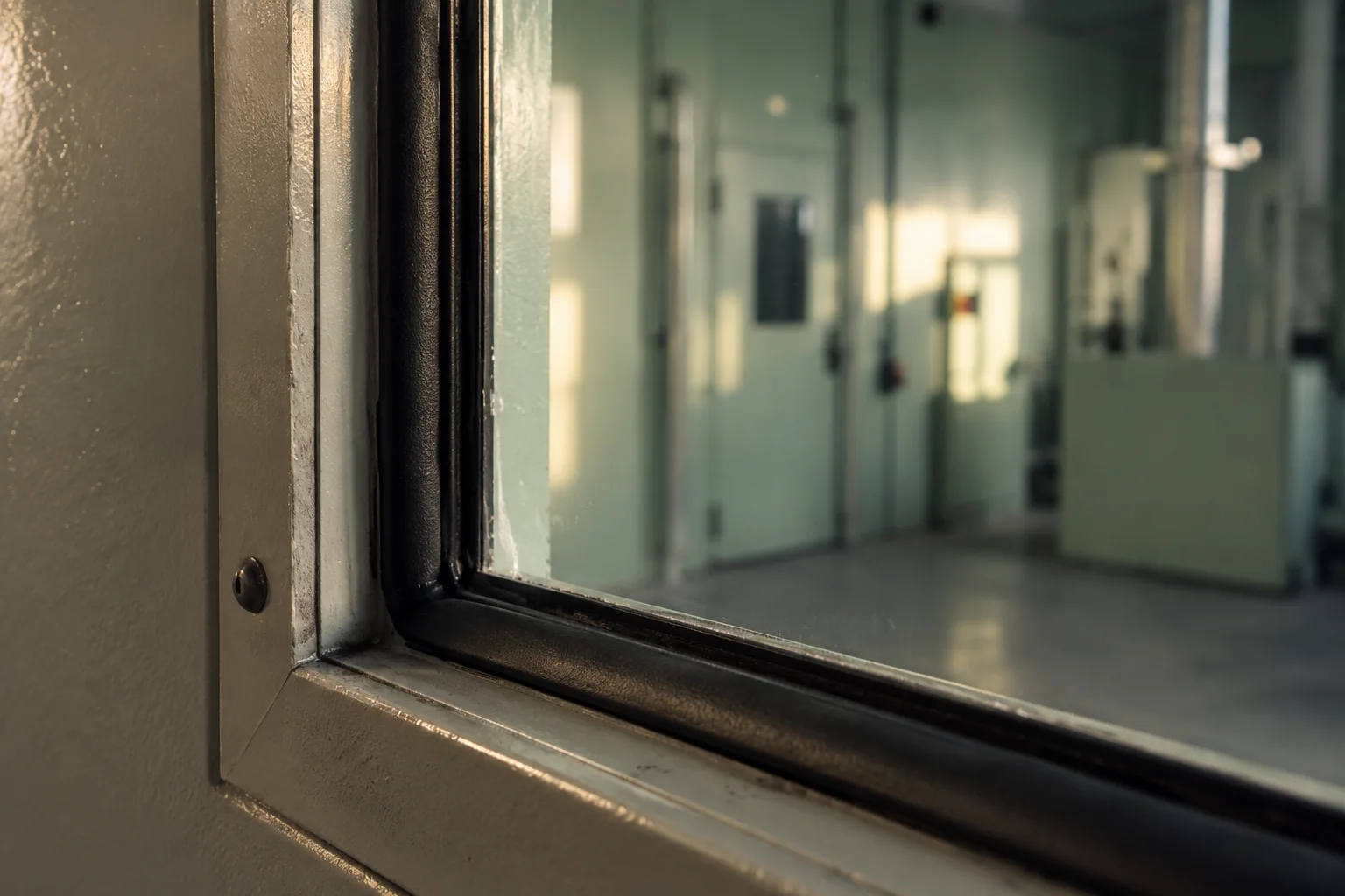 Nahansicht eines geschlossenen Beobachtungsfensters mit Metallrahmen und schwarzer Dichtung vor einem unscharfen hellgrünen Raum. KI-generiertes Detailmotiv.
