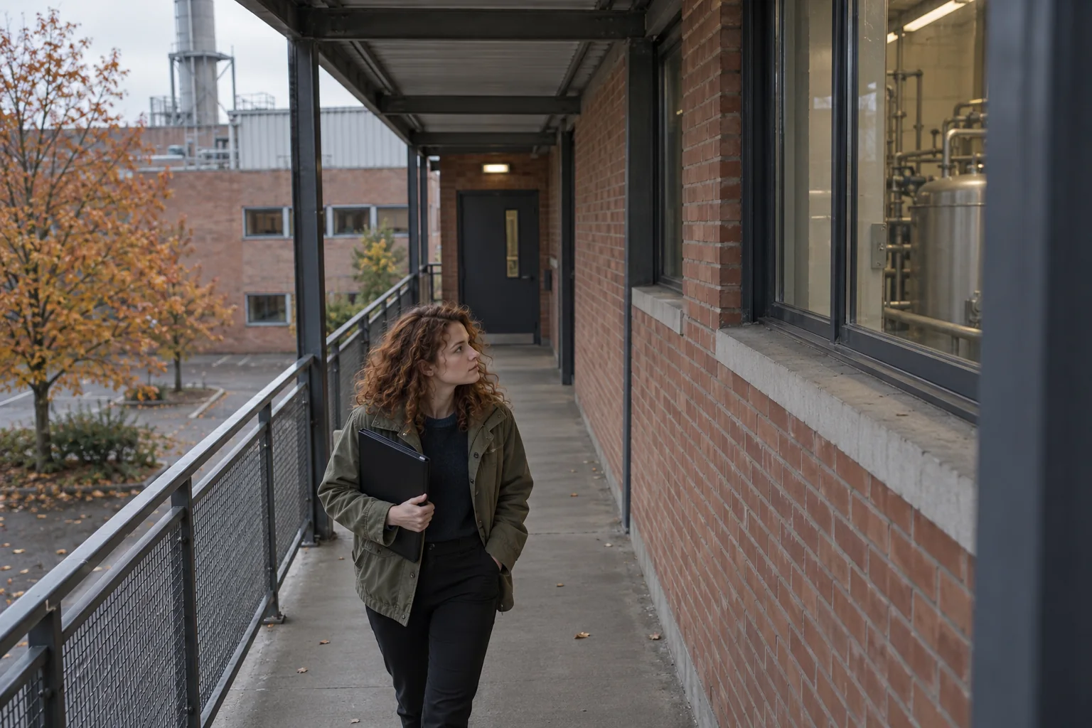 Junge Frau mit dunkler Dokumentenmappe geht über einen überdachten Außensteg an einem Backsteingebäude und blickt zu einem Fenster. KI-generierte Szene.