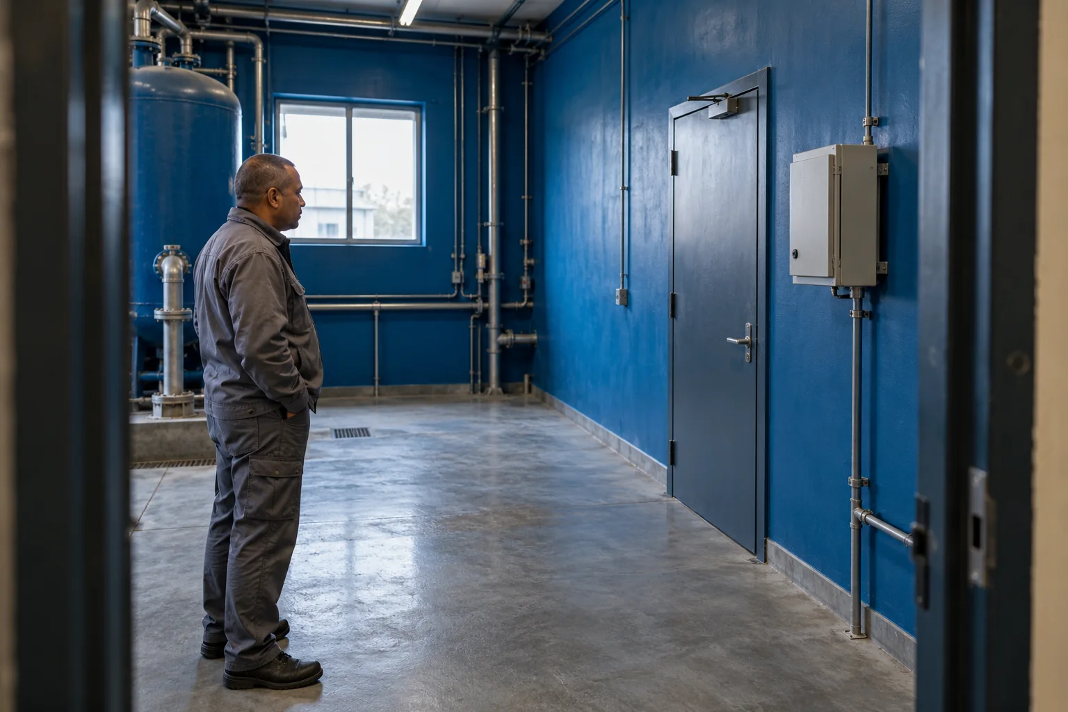 Mann in grauer Arbeitskleidung steht in einem blauen Technikraum vor einer geschlossenen Wandbox und einer geschlossenen Tür. KI-generierte Szene.