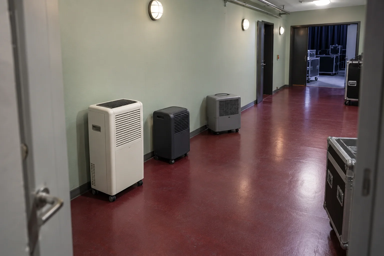 Drei unterschiedlich geformte geschlossene Rollgeräte stehen getrennt im mintfarbenen Backstage-Flur mit burgunderrotem Boden. KI-generierte Szene ohne echten Gerätebestand.