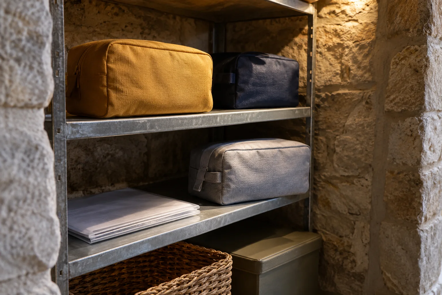 Drei verschiedenfarbige geschlossene Stofftaschen und Dokumenthüllen liegen getrennt in einem Metallregal vor einer Natursteinwand. KI-generiertes Motiv.