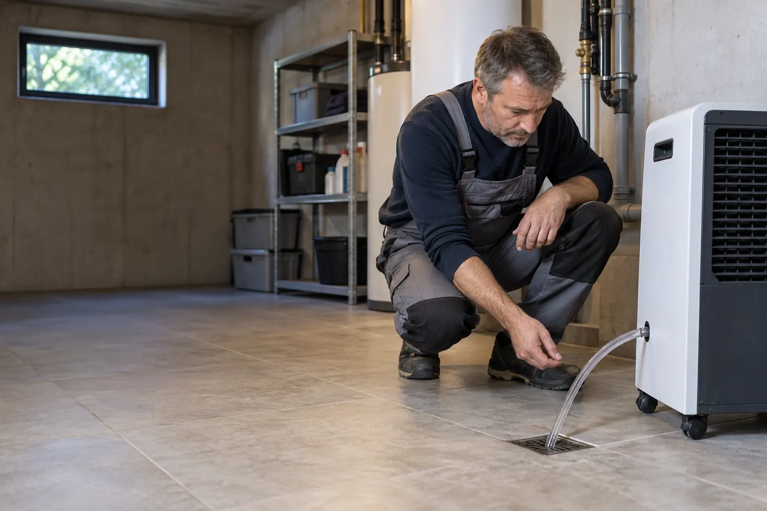 Ein Handwerker betrachtet einen klaren Kondensatschlauch zwischen Entfeuchter und Bodenablauf.