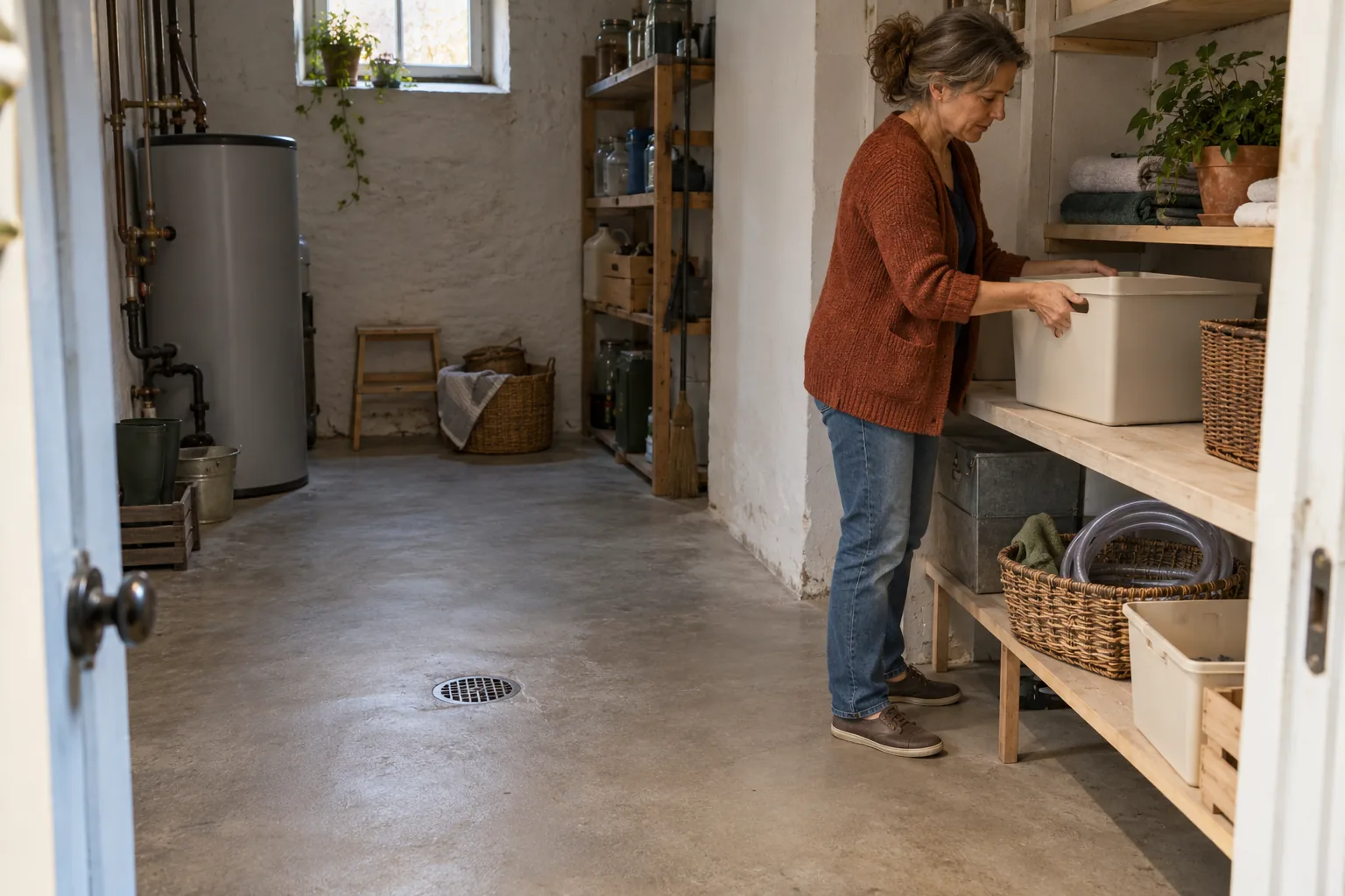 Eine Frau stellt eine helle Aufbewahrungsbox ins Regal eines Hauswirtschaftsraums; der Bodenablauf und der Weg davor bleiben sichtbar.