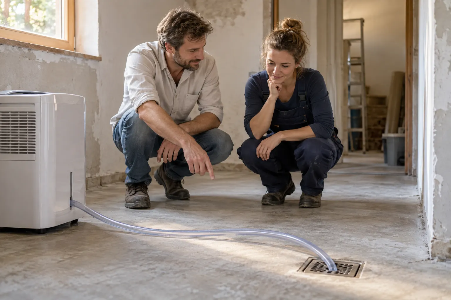 Ein Hausbesitzer und eine Handwerkerin verfolgen gemeinsam den Schlauchweg über den trockenen Rohbauboden.