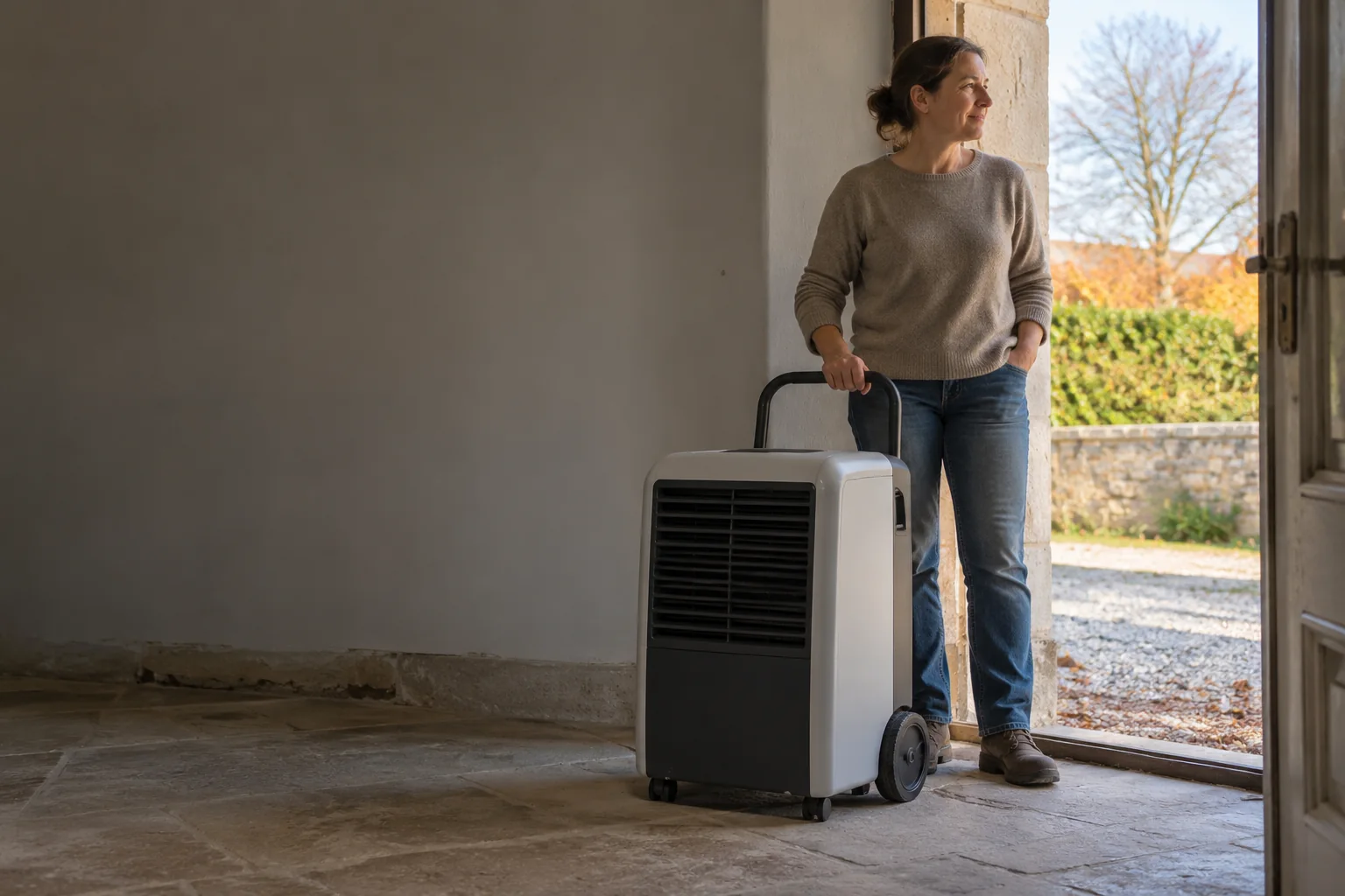 Frau steht am offenen Hausausgang und hält den Griff eines aufrechten neutralen Rollgeräts. KI-generierte Rückgabeillustration.