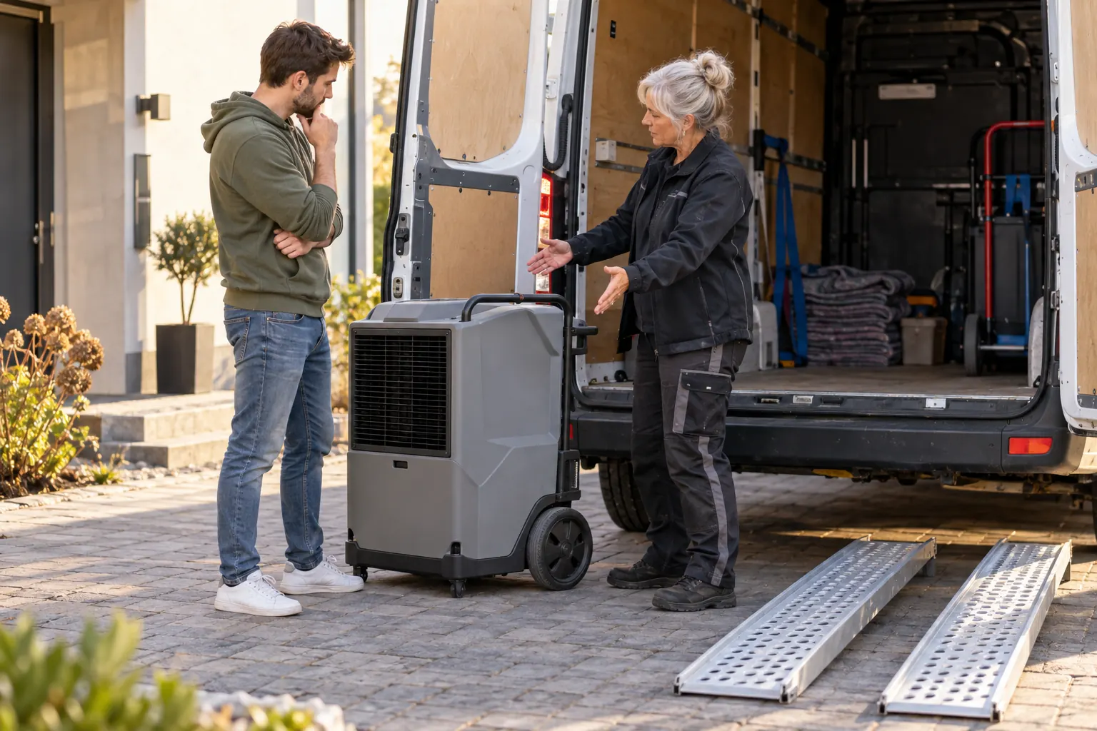 Zwei Personen besprechen die Verladung eines Bautrockners am geöffneten Heck eines geparkten Lieferwagens.