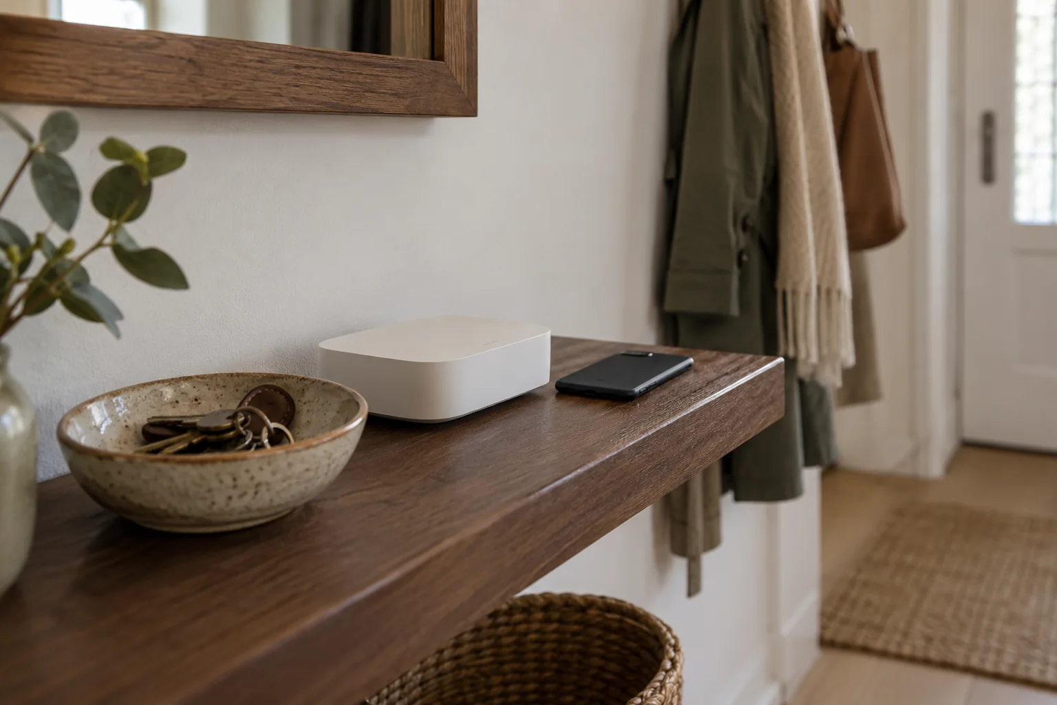 Geschlossene Verbindungseinheit und umgedrehtes Smartphone neben einer Schlüsselschale auf einem Holzregal. KI-generiertes Motiv.