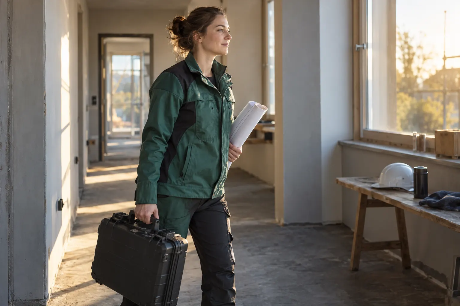 Eine Frau in grüner Arbeitsjacke trägt einen geschlossenen Gerätekoffer und eine gerollte Unterlage durch einen Rohbauflur.