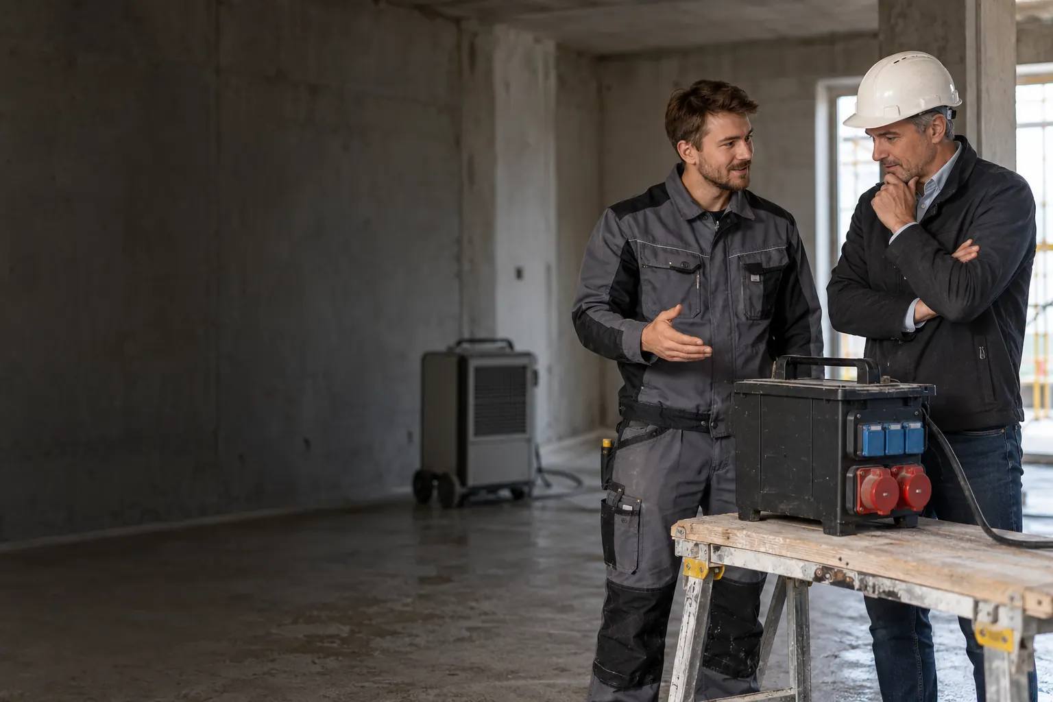 Zwei Fachkräfte besprechen einen geschlossenen Baustromverteiler auf einer erhöhten trockenen Werkbank.