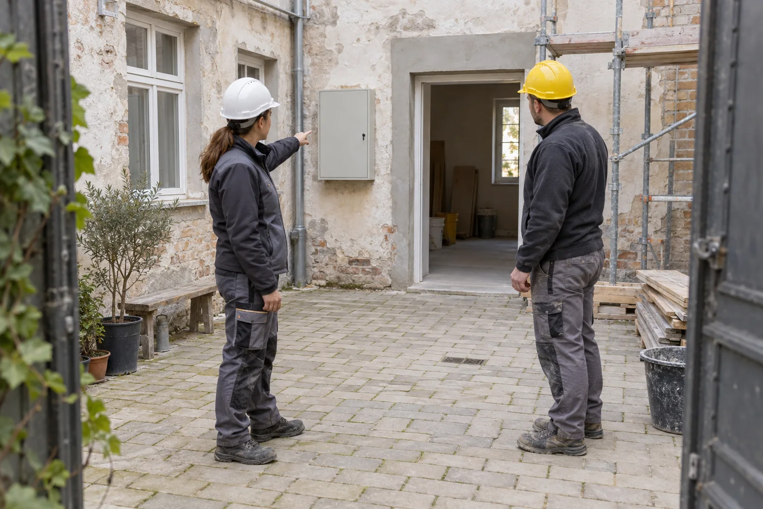 Zwei Personen mit Schutzhelmen besprechen im trockenen Innenhof den Ort eines geschlossenen Wandschranks neben dem Zugang zum Arbeitsraum.