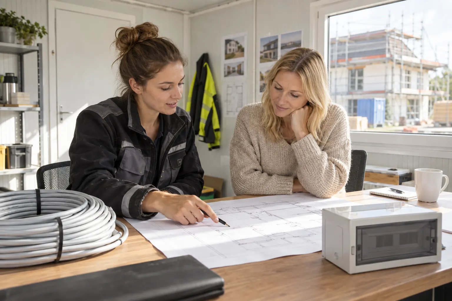 Zwei Frauen besprechen einen Plan im Baustellenbüro neben einem losen Kabel und einem geschlossenen Verteilergehäuse.