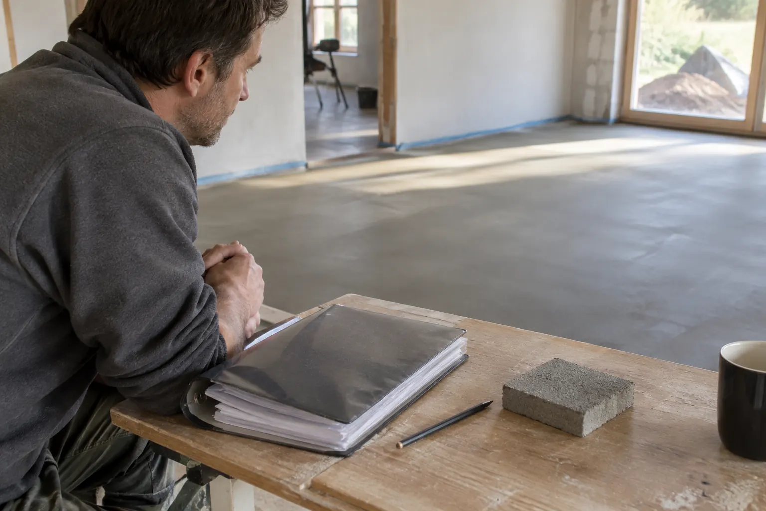 Ein Mann sitzt neben einem Baustellentisch mit geschlossenem grauem Ordner, Stift und einem rauen grauen Materialmuster.