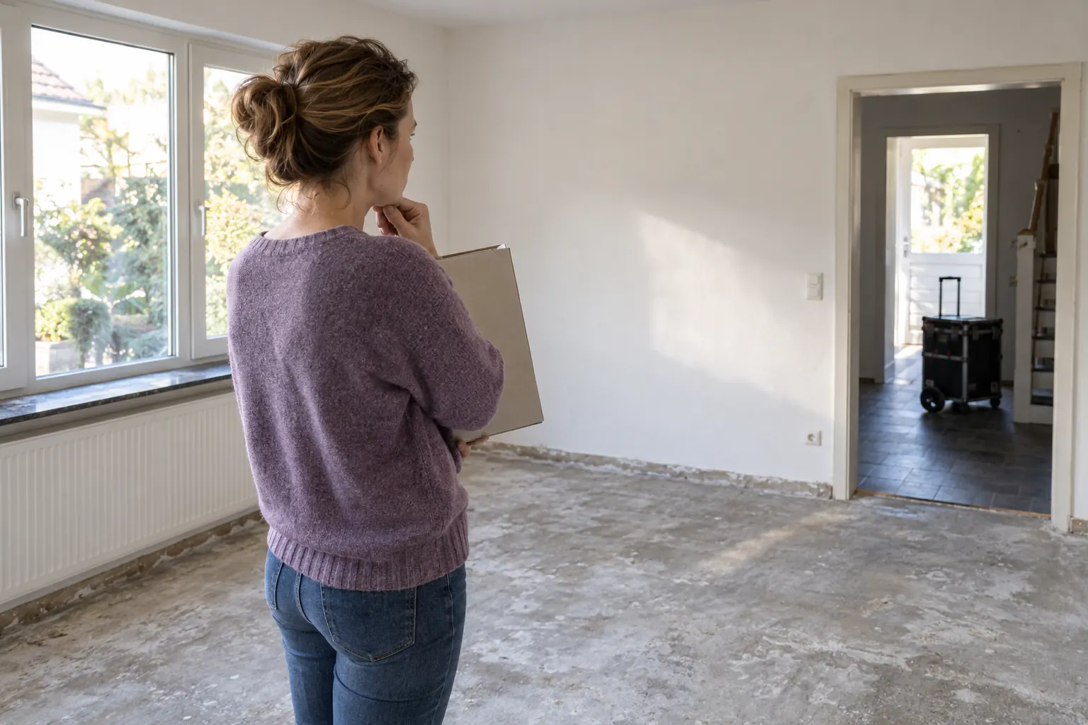 Eine Frau mit einer Mappe betrachtet einen Renovierungsraum mit entferntem Bodenbelag; durch die Tür ist ein schwarzer Rollkoffer zu sehen.