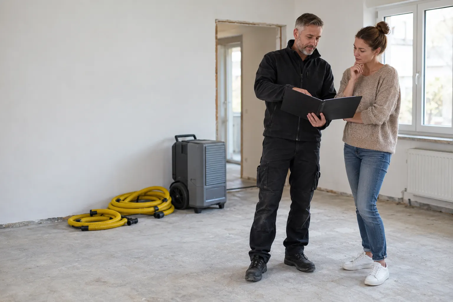 Ein Mann und eine Frau betrachten eine offene Mappe im Renovierungsraum; an der Wand stehen ein graues Trocknungsgerät und lose aufgewickelte gelbe Schläuche.