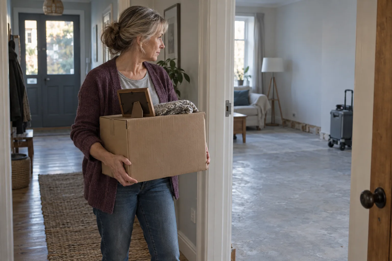 Eine Frau hält im Wohnungsflur einen Karton mit Decke und Bilderrahmen und blickt durch die Tür auf einen Raum mit freiem Boden und entferntem Sockelabschnitt.