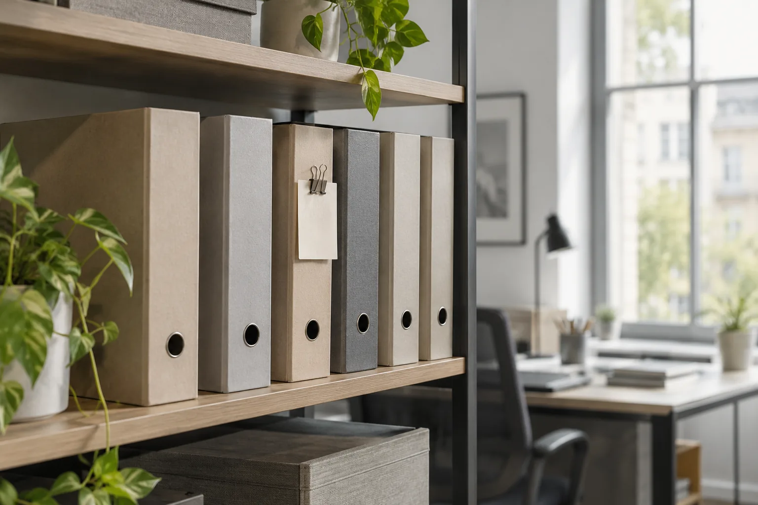 Beige und graue Aktenordner mit einer angeklammerten Karte stehen in einem hellen Büroregal.