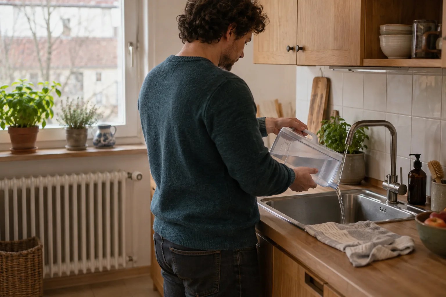 Ein Mann gießt Wasser aus einem abnehmbaren durchsichtigen Behälter in eine Küchenspüle; hinter ihm steht ein Heizkörper unter dem Fenster.