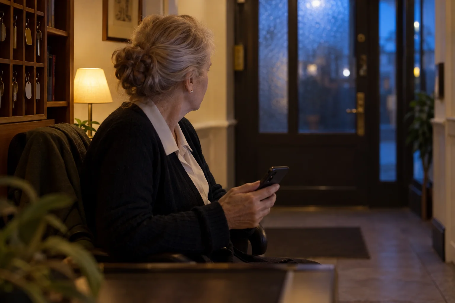 Ältere Empfangsmitarbeiterin hält ein Telefon und schaut zur Eingangstür, neben ihr ein Schlüsselregal. KI-generierte Szene.