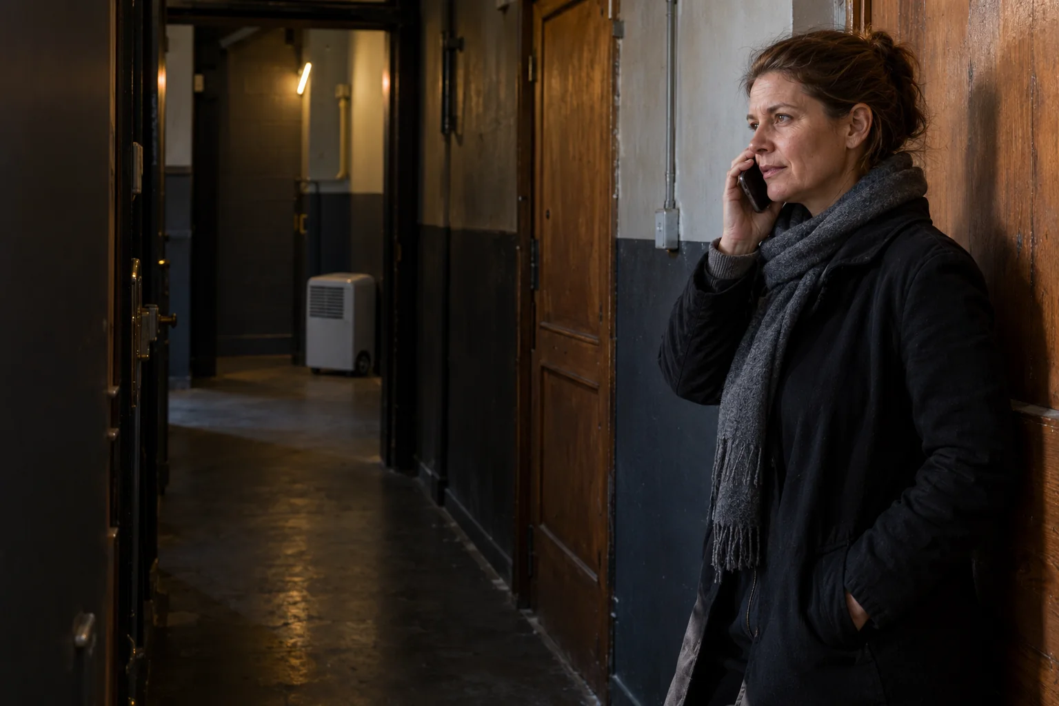Koordinatorin telefoniert in einem dunklen Theater-Nebengang; ein neutrales Rollgerät steht im hinteren Raum. KI-generierte Szene.