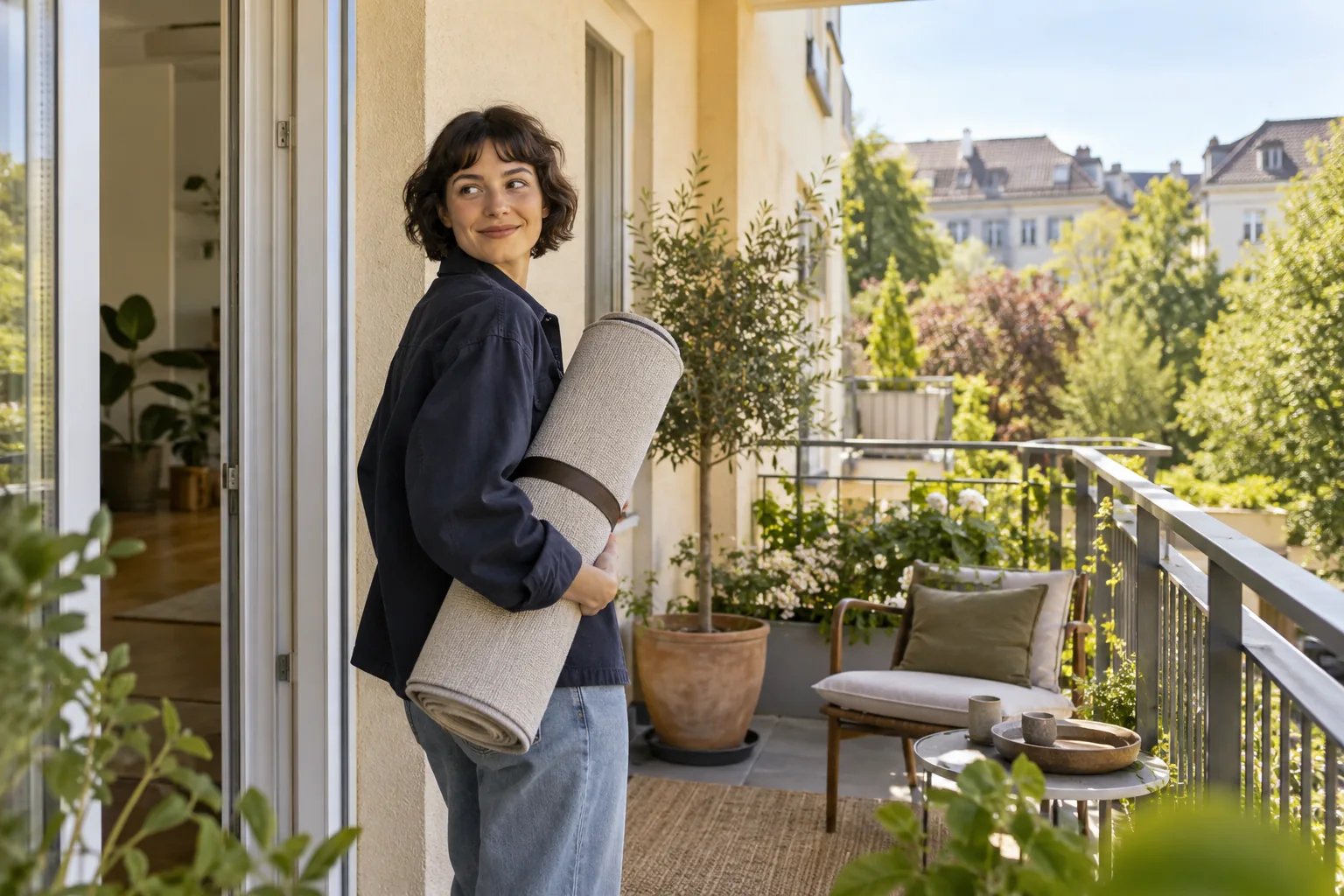 Eine Frau mit kurzen Haaren und dunkelblauer Jacke hält ein zusammengerolltes gewebtes Bodenmuster auf einem sonnigen überdachten Balkon mit Pflanzen.