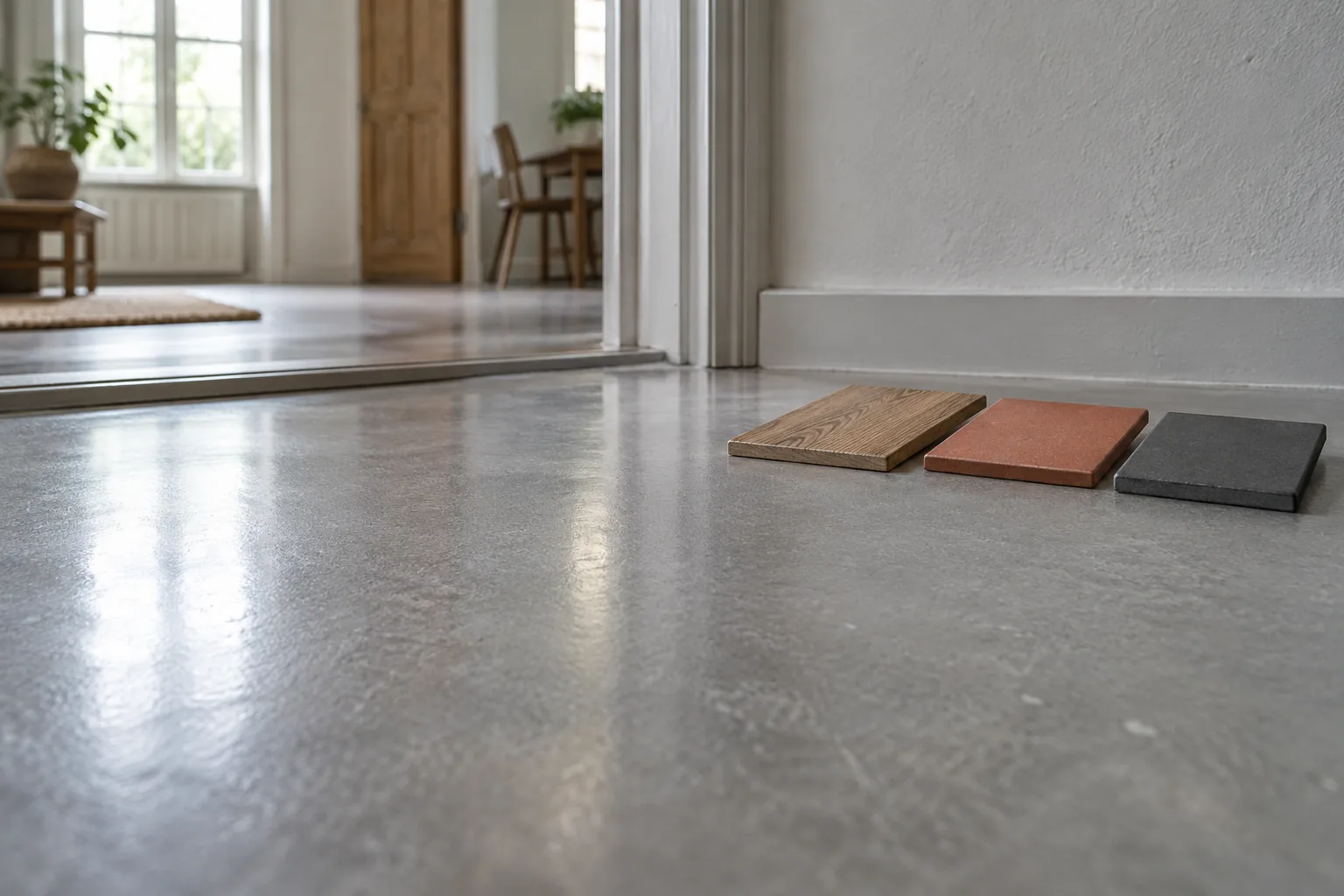 Drei unbeschriftete rechteckige Bodenmuster mit Holzoptik, warmem Rotton und dunklem Grau liegen auf einem intakten grauen Boden neben einer weißen Sockelleiste.