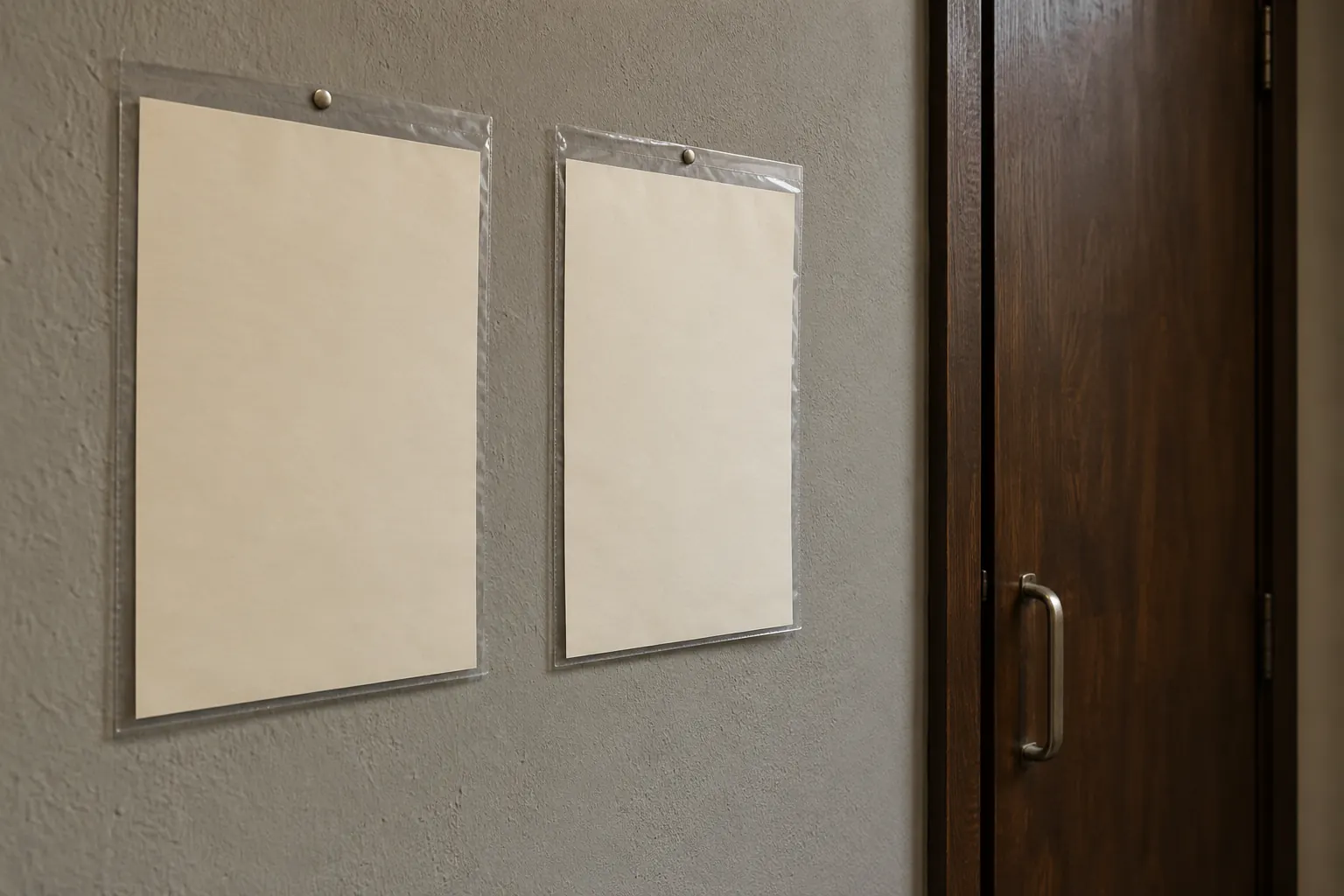 Zwei transparente Dokumentenhüllen mit unbeschrifteten cremefarbenen Blättern hängen an einer grauen Wand neben einer geschlossenen braunen Holztür. KI-generiertes Detailmotiv.