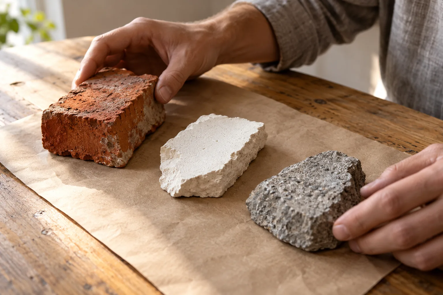 Hände liegen neben drei unterschiedlich strukturierten Baustoffstücken auf Kraftpapier über einer Holzfläche.