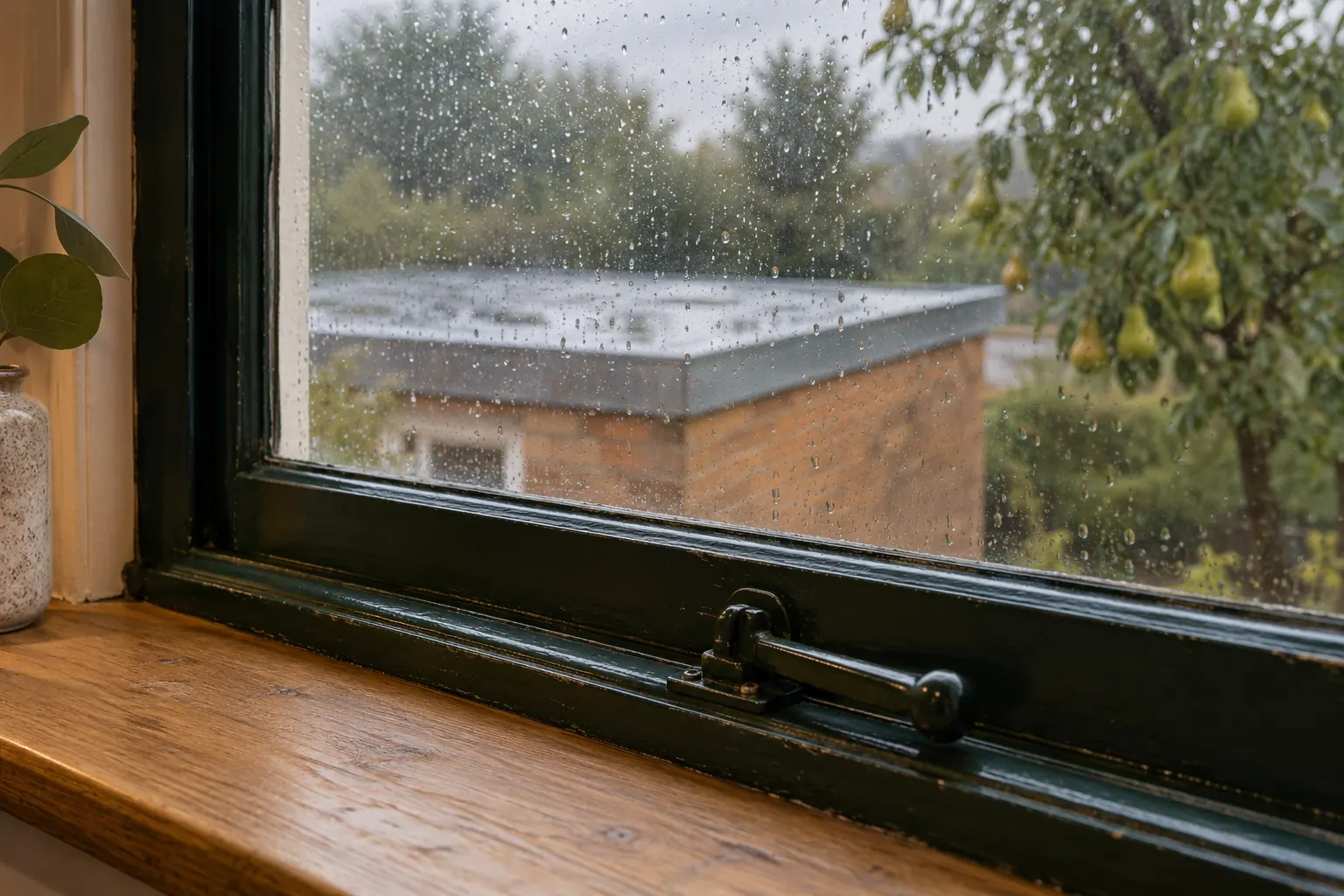 Dunkelgrüner Griff und trockene Holzfensterbank vor Regentropfen auf geschlossenem Glas; dahinter sind eine entfernte Flachdachkante, eine bernsteinfarbene Wand und ein Baum unscharf sichtbar. KI-generiertes Motiv.