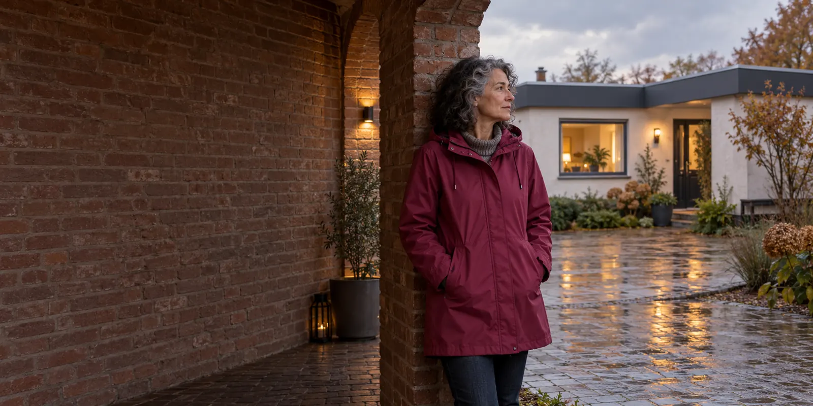 Frau im himbeerfarbenen Regenmantel steht unter einer Backsteinarkade am sicheren Boden; rechts liegen ein nasser Hof und ein geschlossenes cremefarbenes Flachdachhaus. KI-generierte Szene.