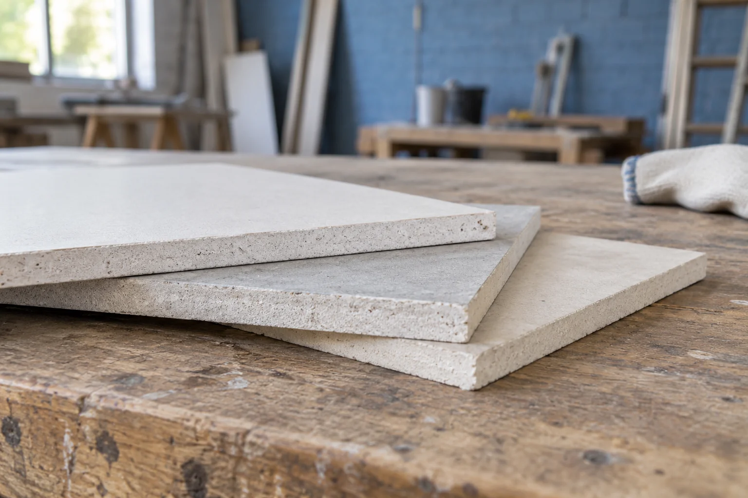 Mehrere helle Plattenstücke liegen mit sichtbaren Kanten auf einer abgenutzten Holzwerkbank; seitlich liegt ein heller Arbeitshandschuh.