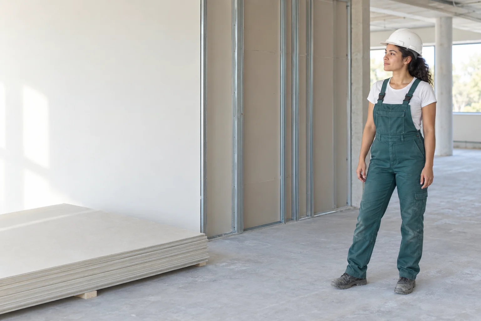Eine Frau in petrolfarbener Arbeitslatzhose und weißem Helm steht neben einer offenen Metallständerwand und einem niedrigen Stapel heller Platten.
