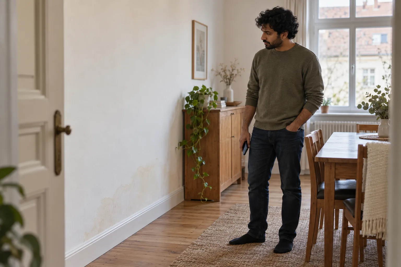 Ein Mann mit dunklen Locken, olivfarbenem Pullover und Telefon betrachtet eine geschlossene helle Wand mit örtlicher beigefarbener Verfärbung neben einem Essbereich.