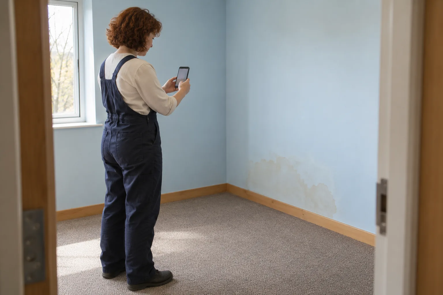Eine Frau mit rötlichen Locken, cremefarbenem Hemd und dunkler Latzhose hält ein Telefon in Richtung einer örtlichen Verfärbung am unteren Teil einer geschlossenen hellblauen Wand.