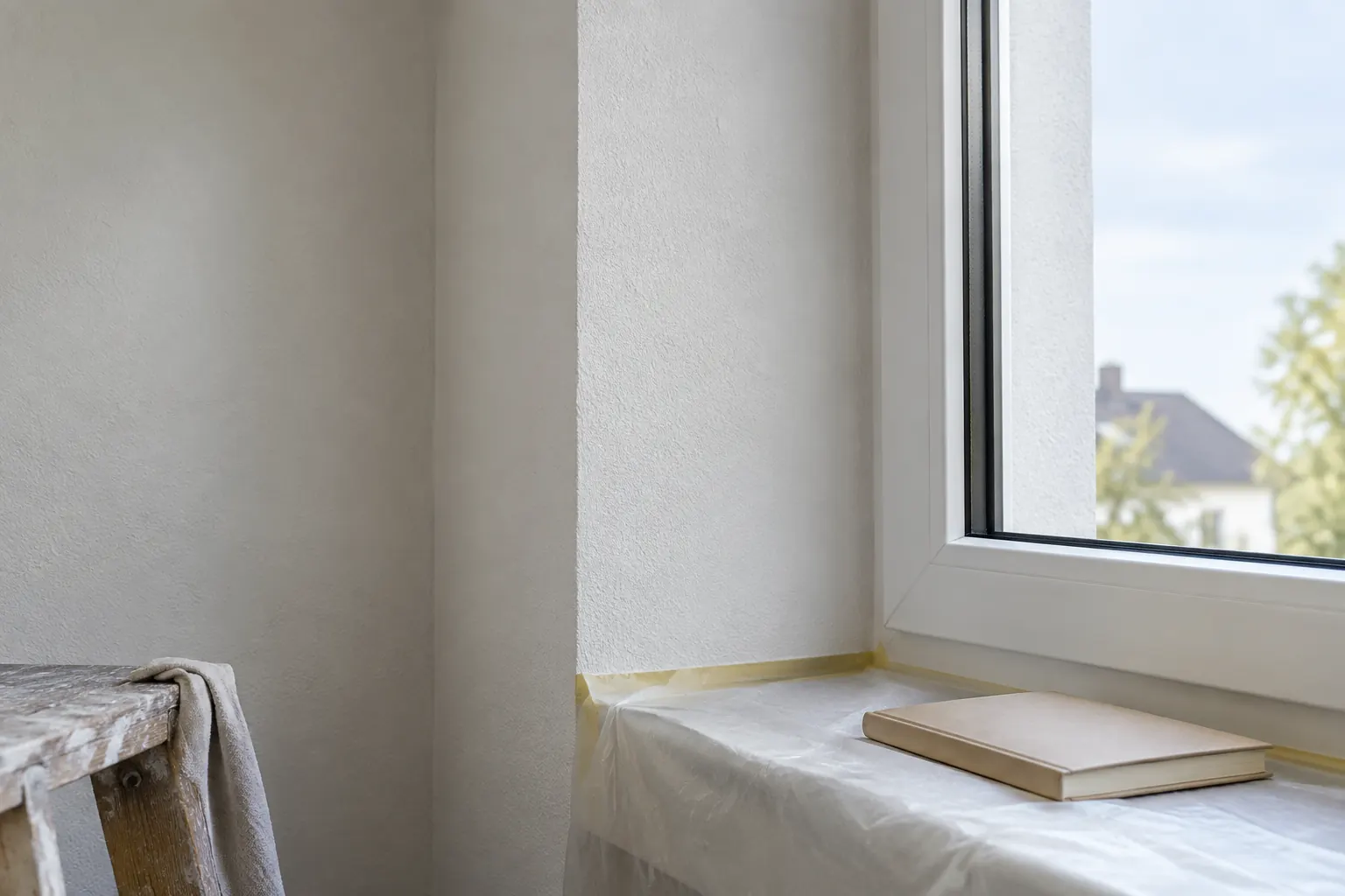 Eine helle verputzte Fensterlaibung ist neben einem unbeschrifteten geschlossenen Heft auf einer abgedeckten Fensterbank zu sehen.
